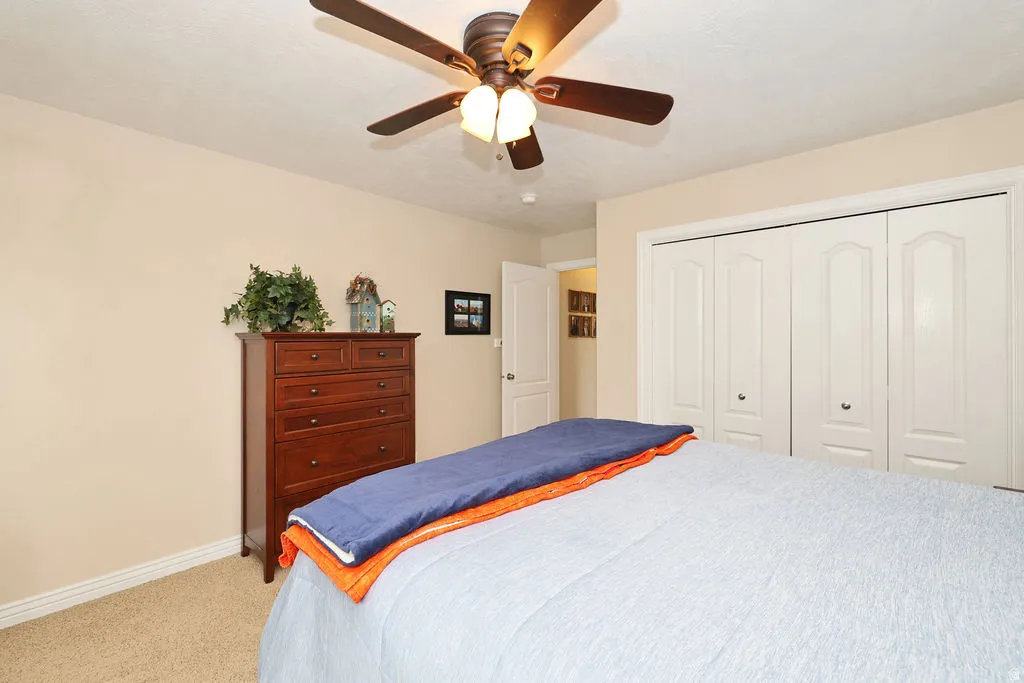 Neutral-toned bedroom featuring a ceiling fan with integrated lighting, carpet flooring, and white bi-fold closet doors