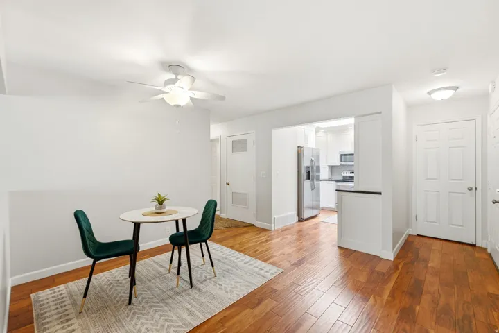 Wood-finish flooring throughout the main area