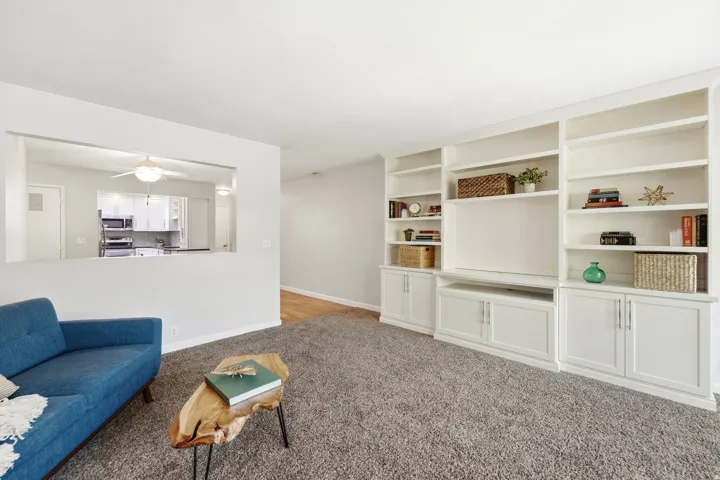 Built-in shelving and cabinetry, pass-through window, light wall color, carpeted flooring, wood-finish flooring