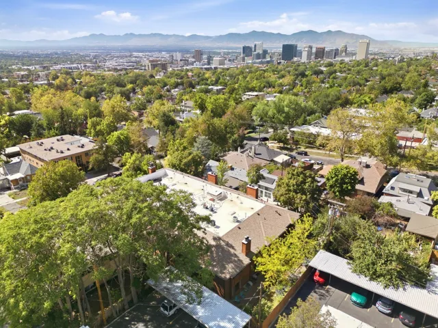 Aerial perspective highlighting the surrounding neighborhood with mature trees and a distant city skyline
