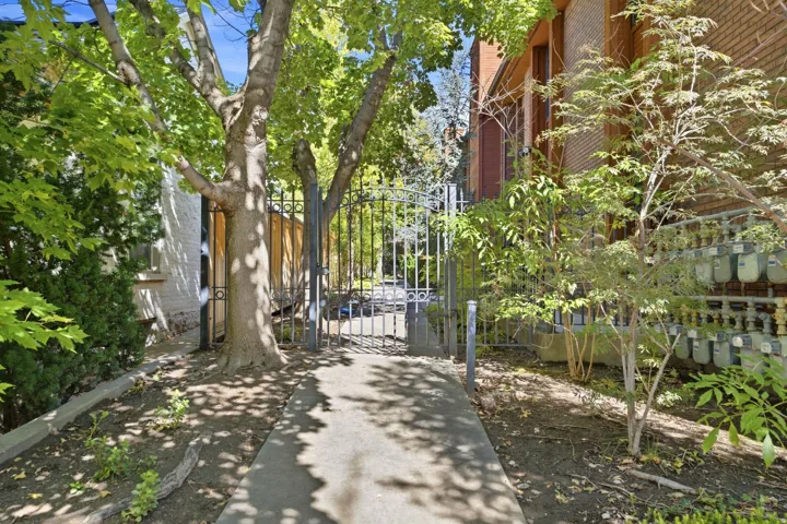 Concrete pathway leading to a wrought iron gate, flanked by mature trees and established landscaping