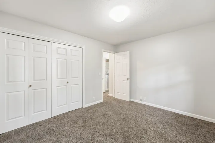 Neutral-toned carpeting, light gray wall paint, white trim, paneled closet doors, and a ceiling-mounted light fixture