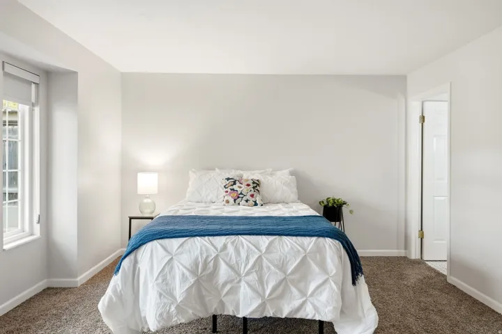 Wall-to-wall carpeting with light-toned walls and trim