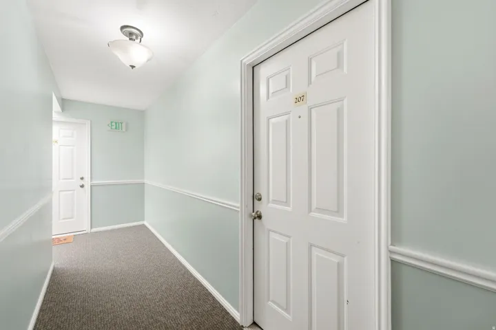 Hallway with light-toned walls, panel doors, and neutral carpet