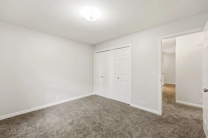Plush gray carpeting, white painted walls, white trim, and a white bi-fold closet door