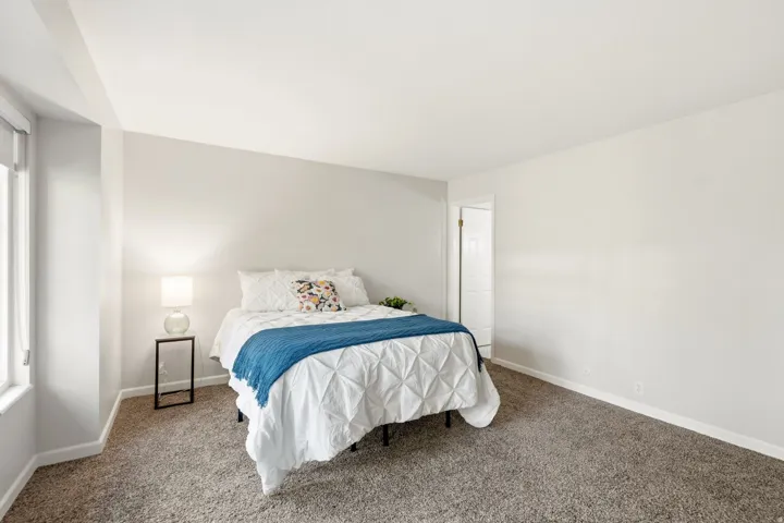 Plush carpet flooring, light neutral wall tones, and a window with roller shade