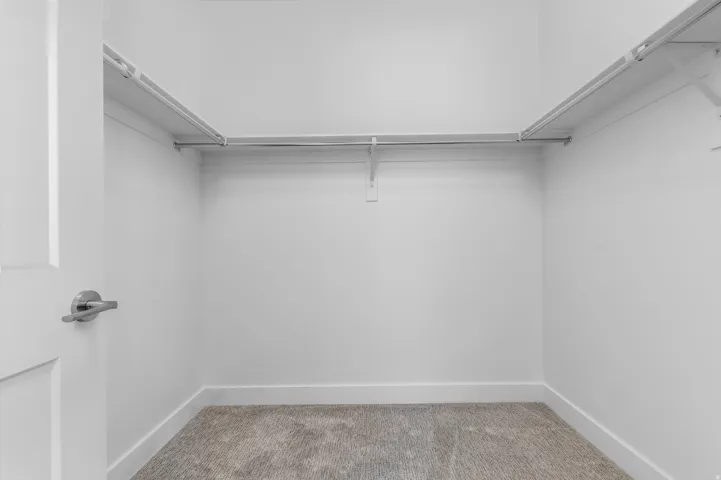 Walk-in closet featuring light grey carpet, white baseboards, and white shelving with hanging rods