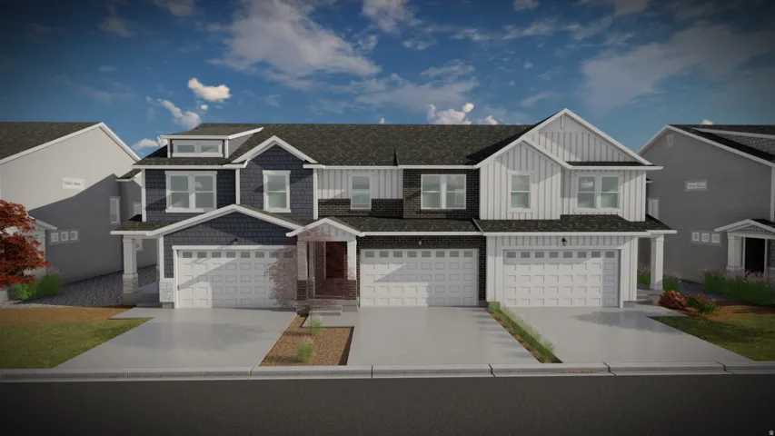 Modern townhome exterior featuring multi-toned siding, stone accents, multiple dormers, and attached two-car garages