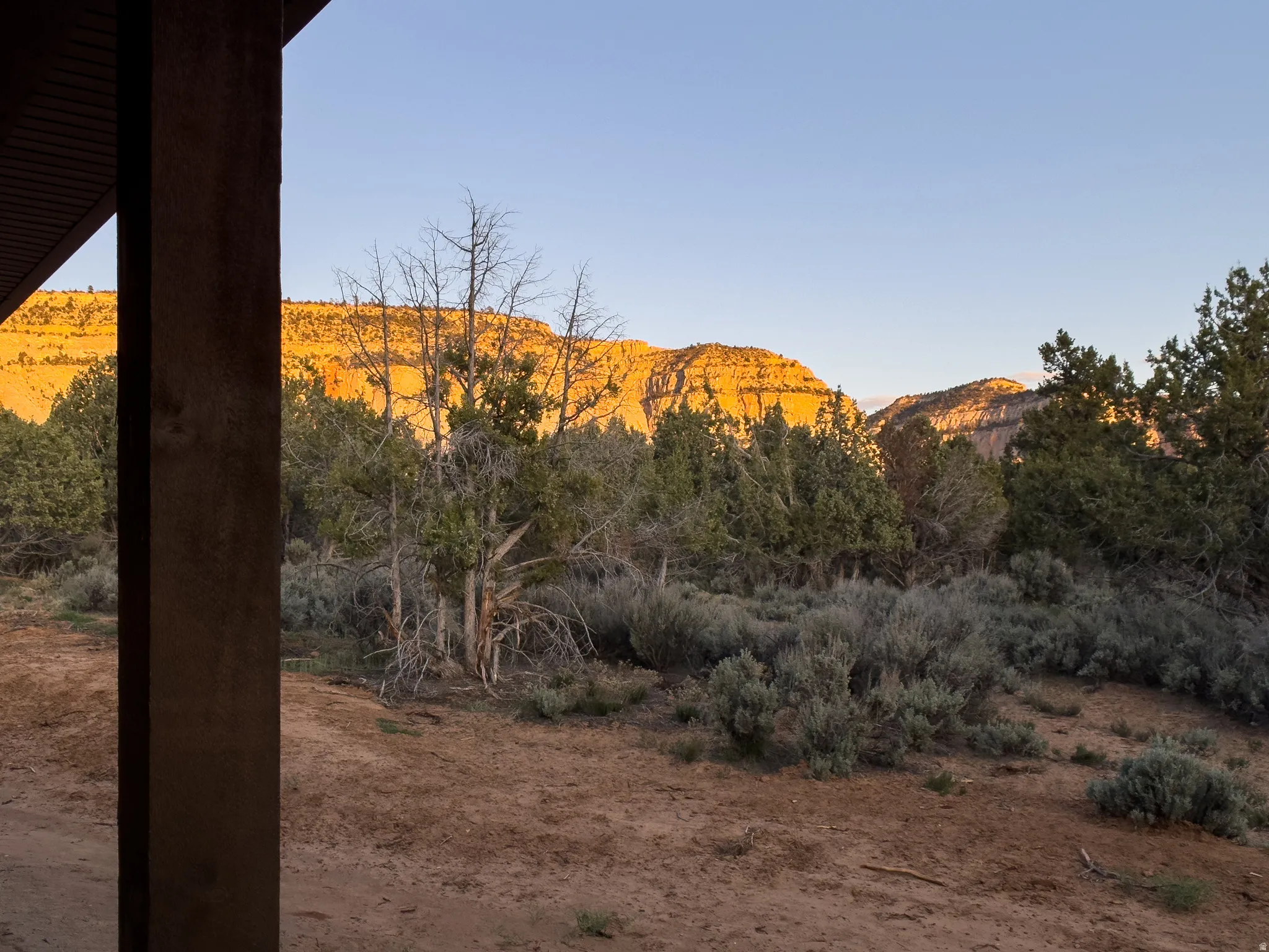 Expansive natural landscape with distant sunlit rock formations, native shrubbery, and a desert ground cover