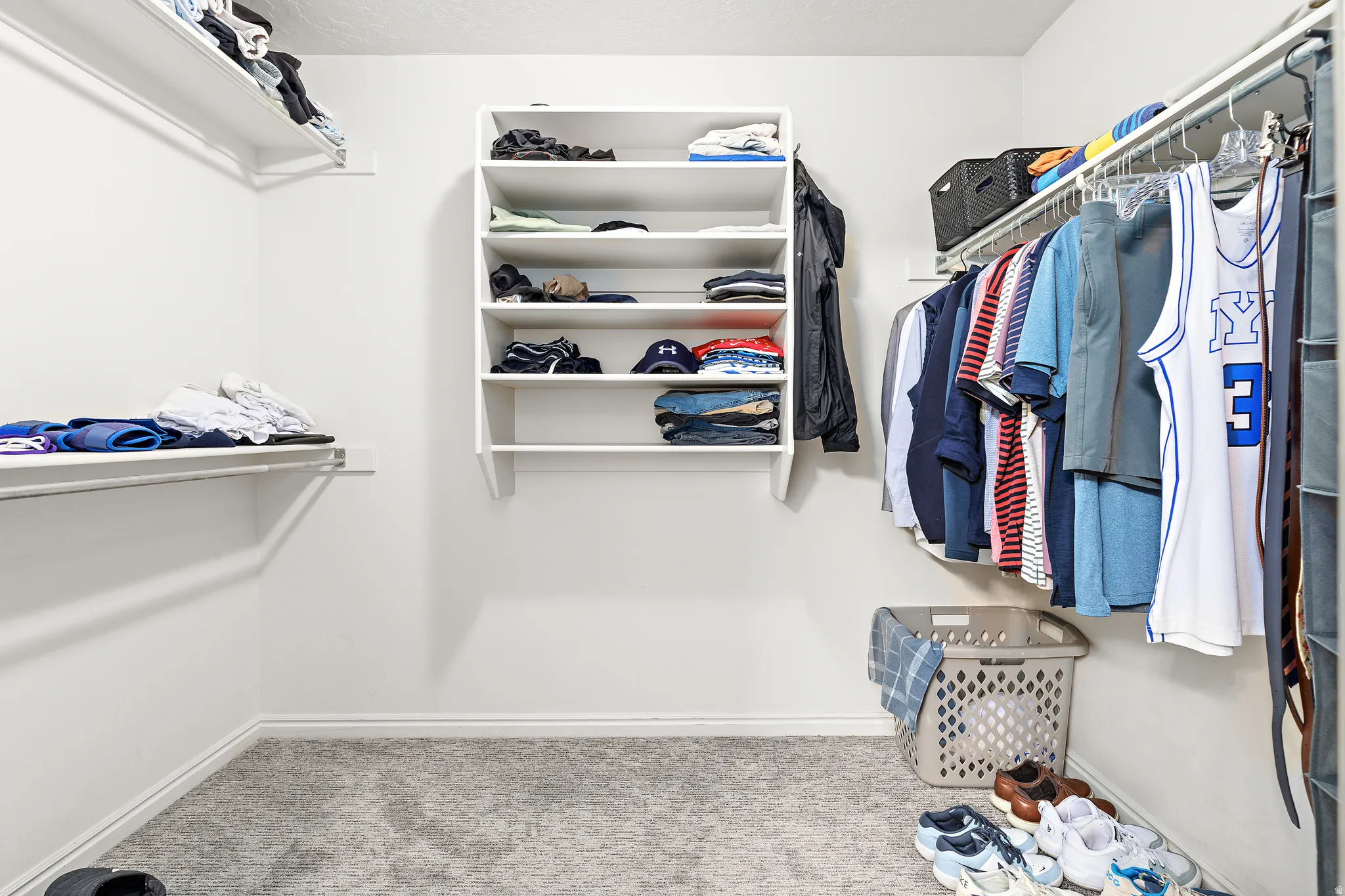 Spacious walk-in closet featuring light gray carpeting, white walls, built-in shelving, and extensive hanging rod storage