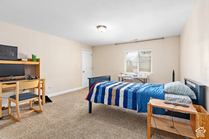 Neutral-toned walls complement the textured carpet flooring