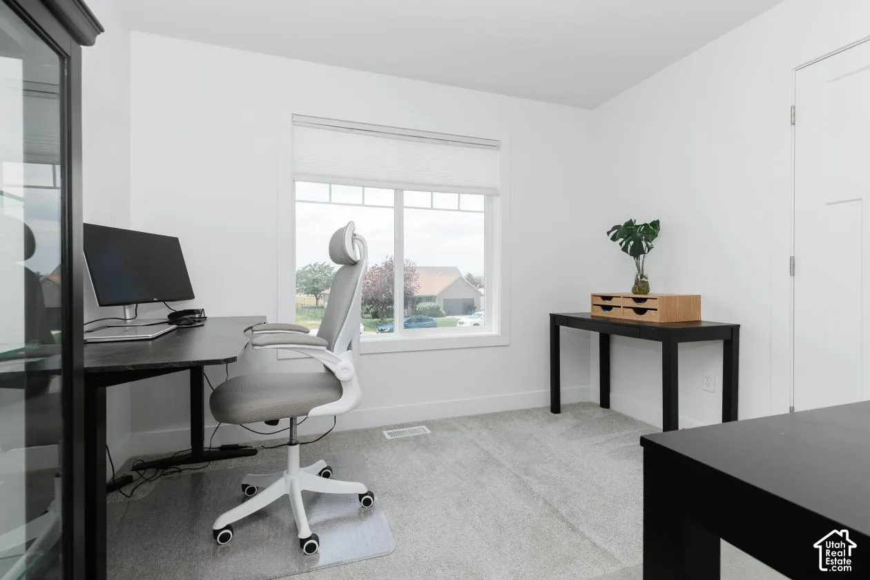 Bright interior room featuring a large window, light-colored carpeting, white walls, and a white interior door