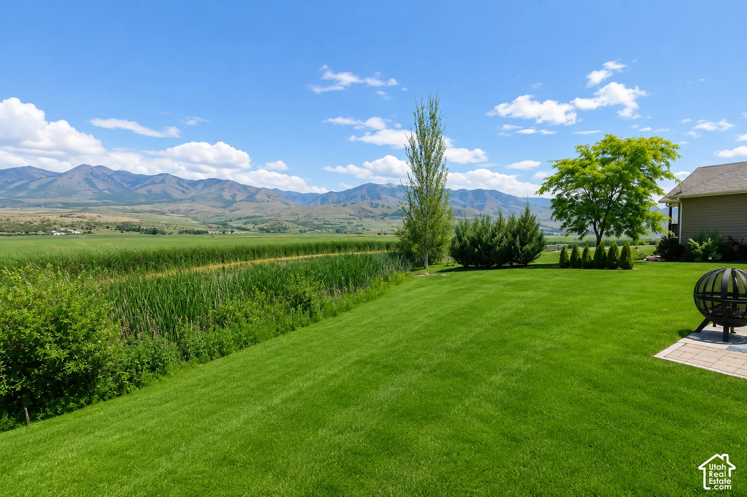 Expansive lawn area bordered by established trees and shrubs, featuring a paver patio