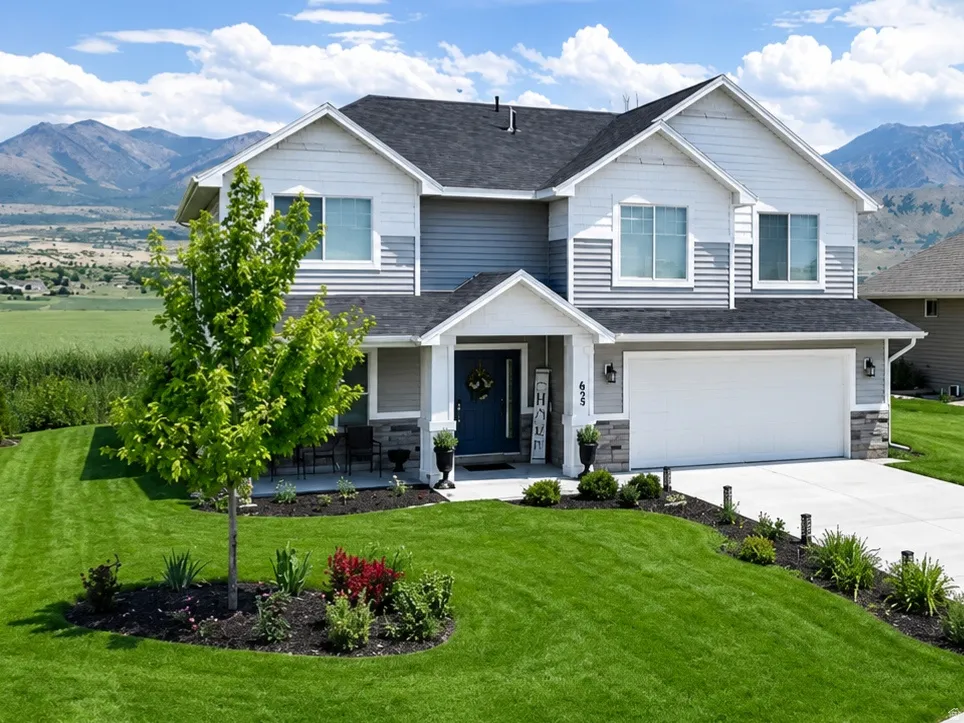 Two-story residence featuring light gray siding, dark gray accents, and a contrasting dark roof