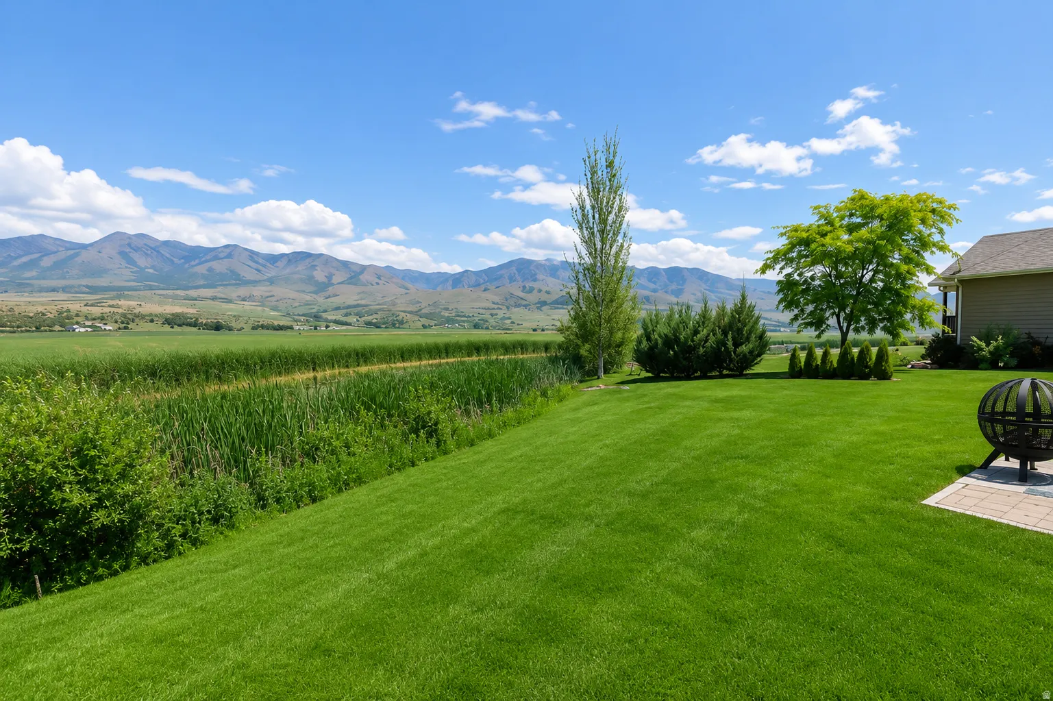 Expansive lawn area bordered by established trees and shrubs, featuring a paver patio
