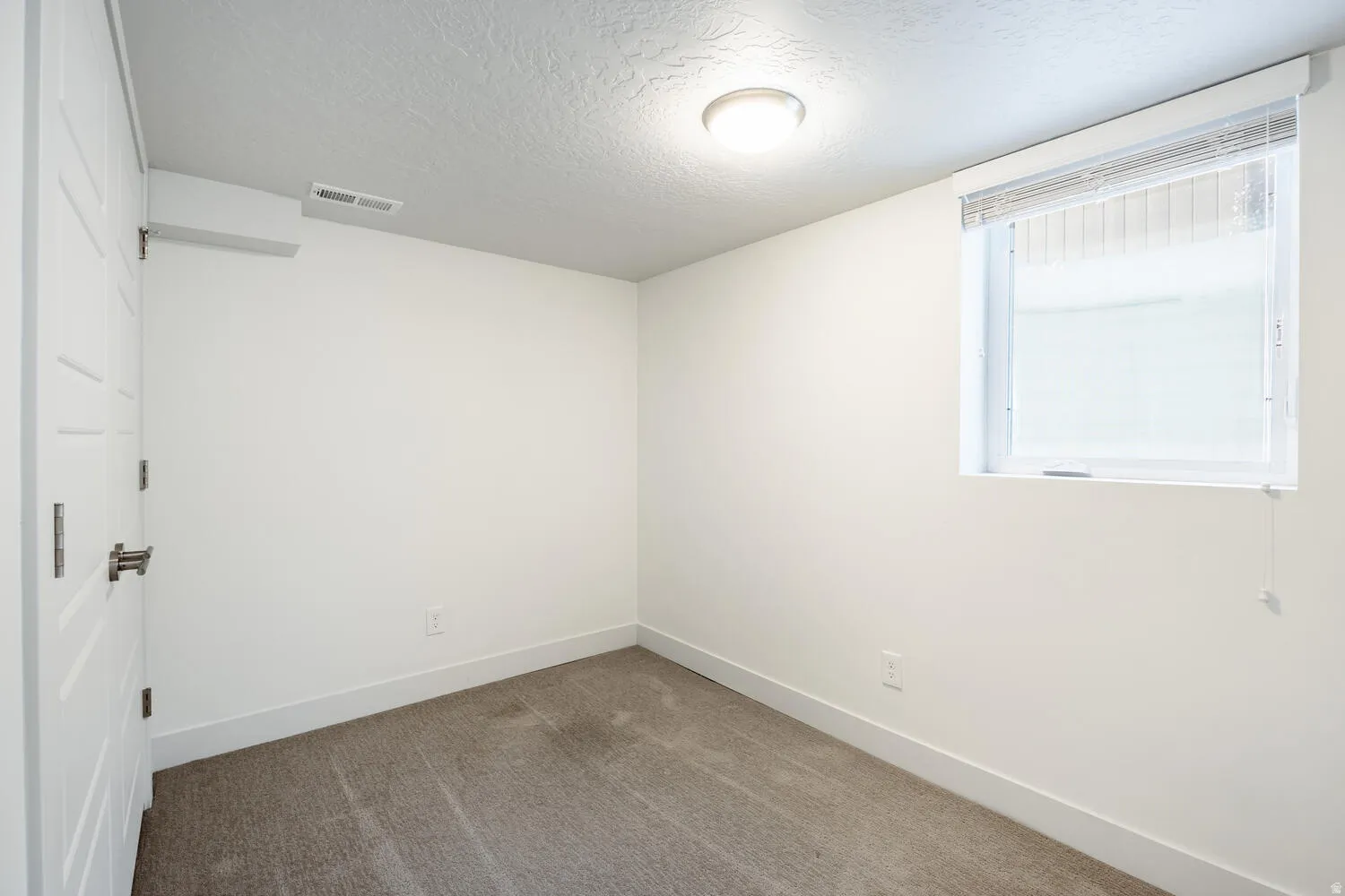 Carpeted room with white walls, a single window with blinds, and an overhead flush-mount light fixture