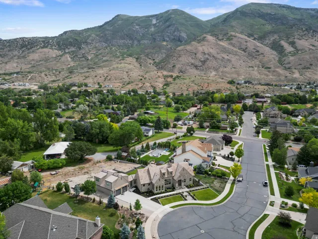 Expansive residential area with a prominent, large-scale property featuring a stone facade and multi-gabled roofline