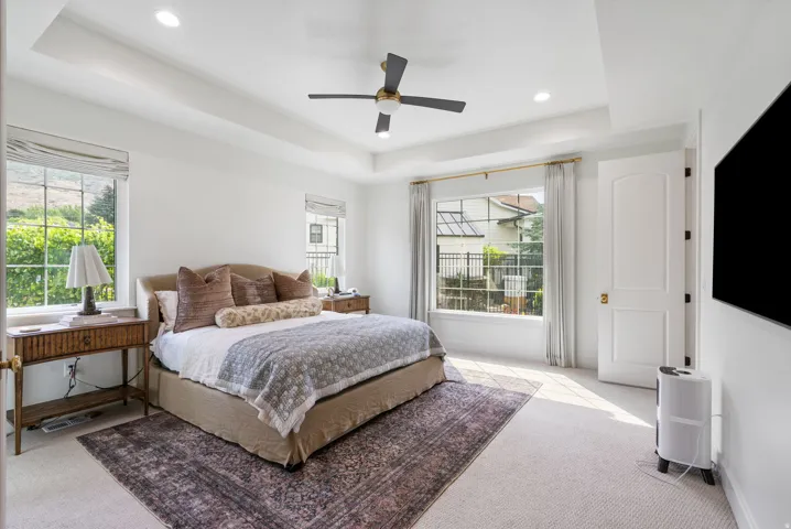 Tray ceiling with recessed lighting and a ceiling fan, dual windows with custom Roman shades and drapery rods, and light-toned carpeting