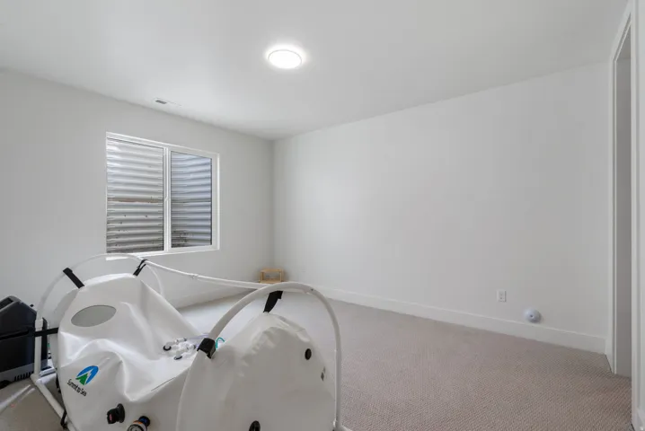 Carpeted room featuring a white-framed egress window with a window well