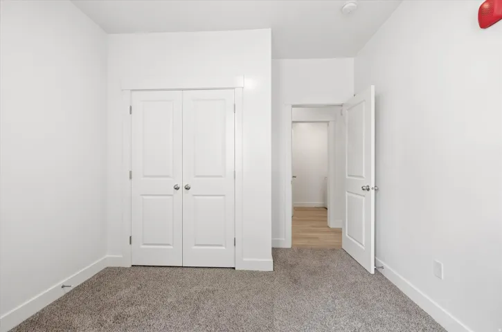Interior room featuring neutral-toned carpeting, white baseboards, and a white interior door with brushed metal hardware