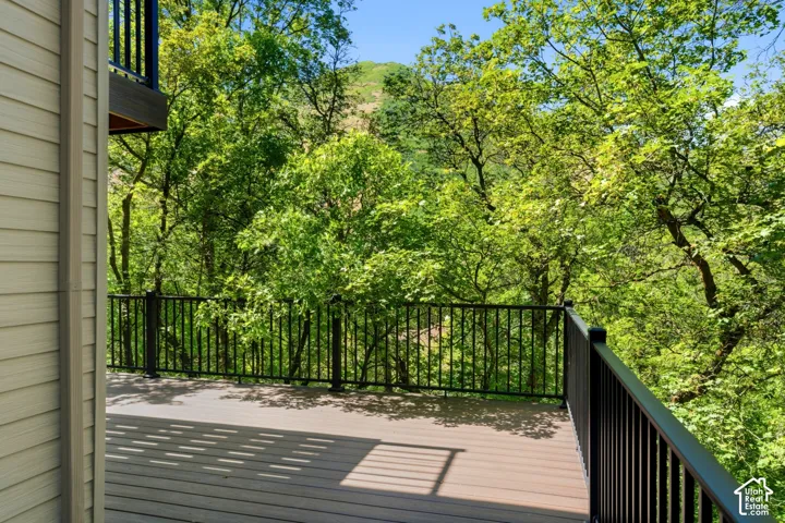Spacious outdoor deck featuring composite decking, black metal railings, and a verdant tree canopy backdrop