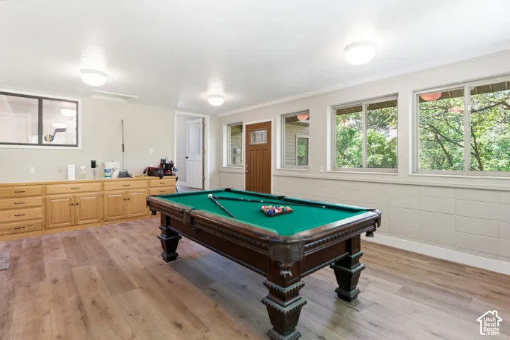 Spacious recreation room featuring wood-finish flooring, extensive built-in cabinetry, and multiple windows providing natural light