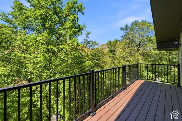 Spacious outdoor deck featuring composite decking and black metal railings