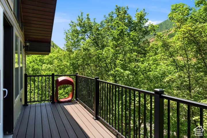 Outdoor deck featuring composite wood-finish decking, black metal railings, and a wood soffit