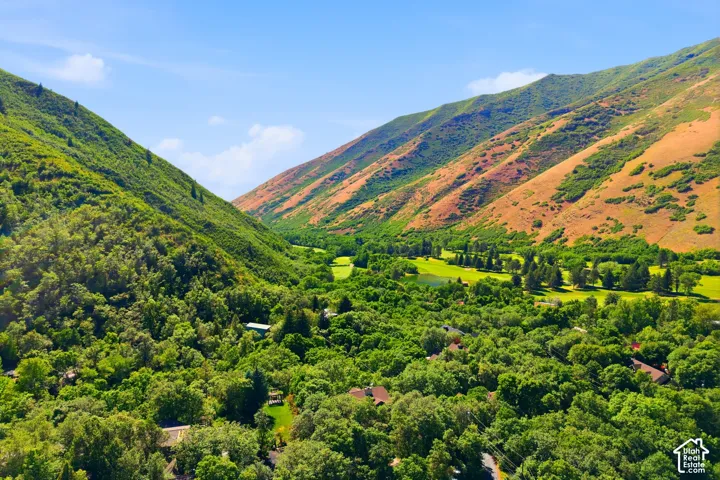 Verdant valley setting surrounded by mountainous terrain