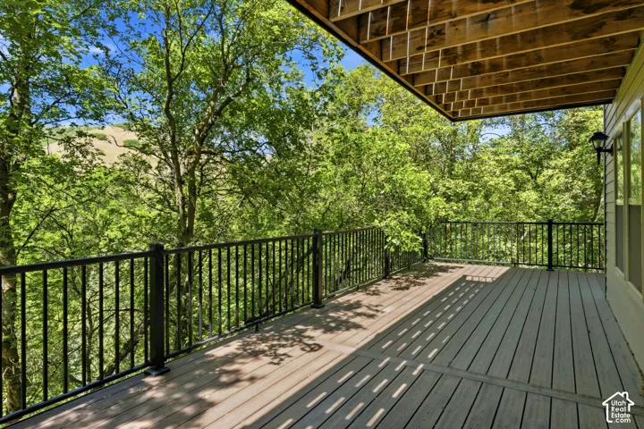Expansive outdoor deck featuring wood-finish flooring, black metal railings, and an exterior wall light fixture