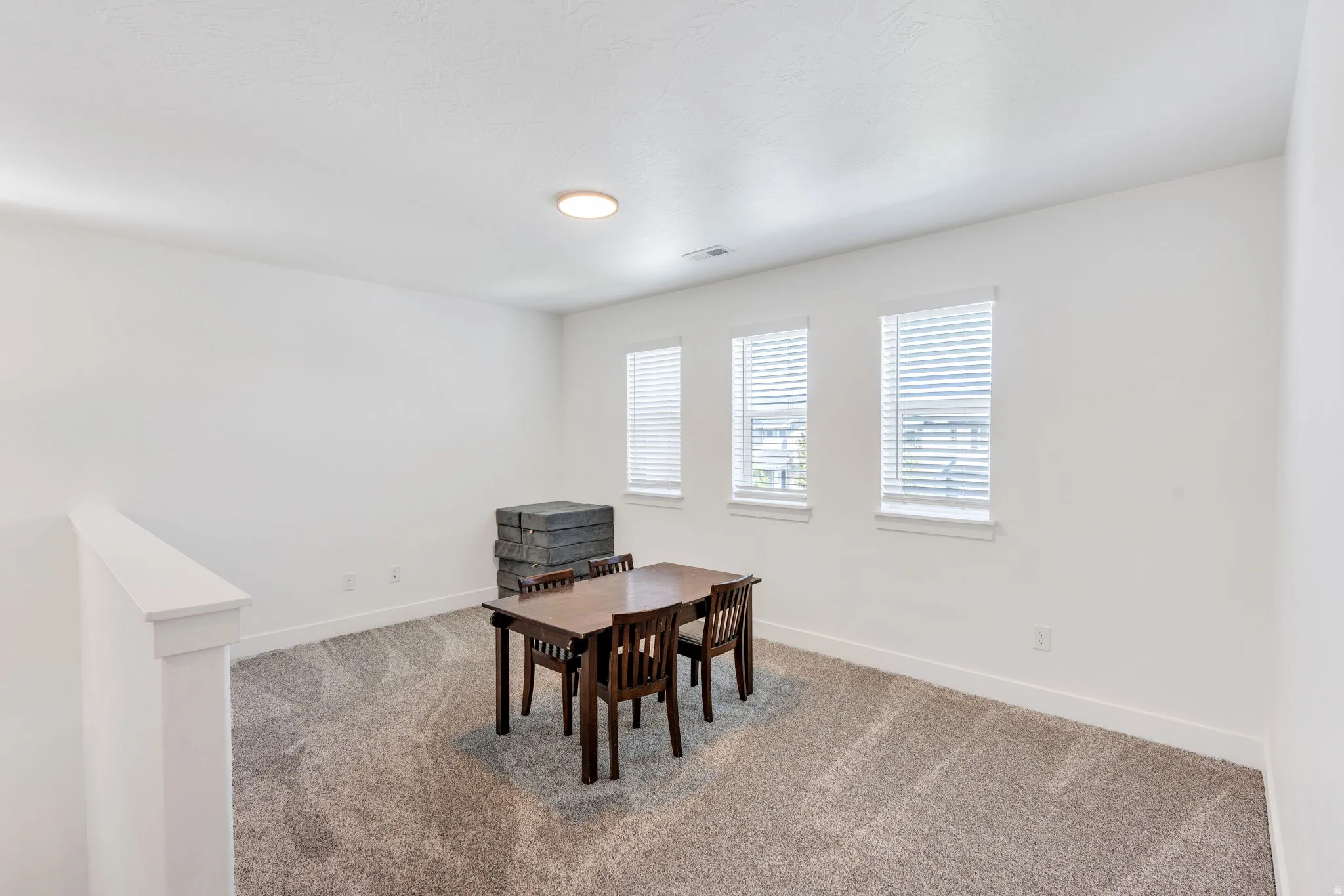 Bright, carpeted room featuring white walls and trim