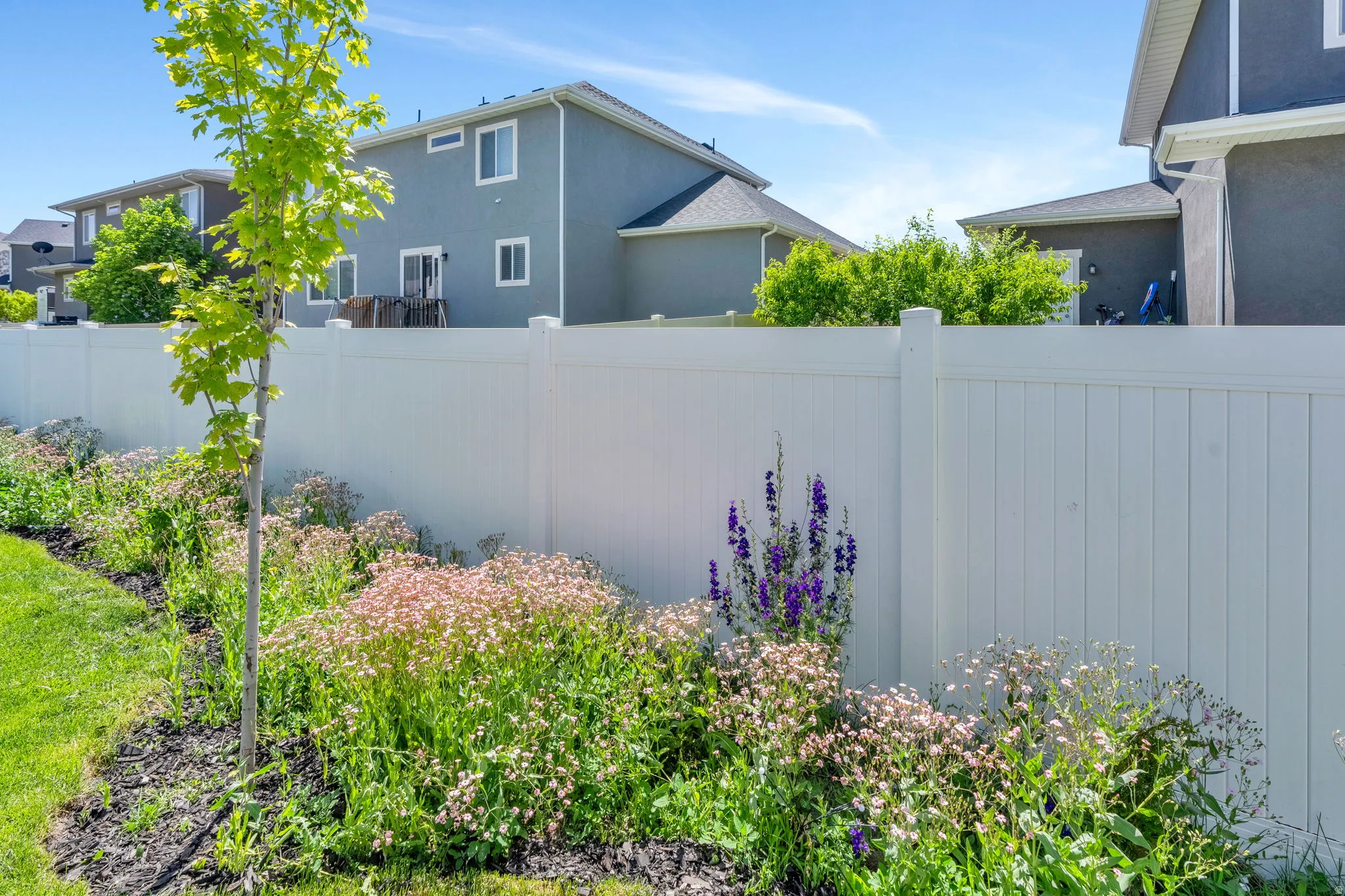 Manicured garden bed featuring diverse plantings with purple and pink blossoms, a young deciduous tree, and dark mulch ground cover
