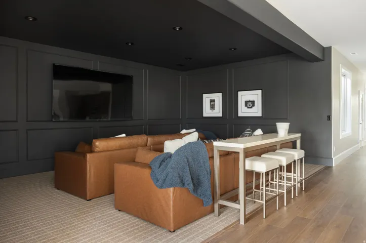 Media room featuring wainscoting paneling, recessed lighting, and a dark ceiling