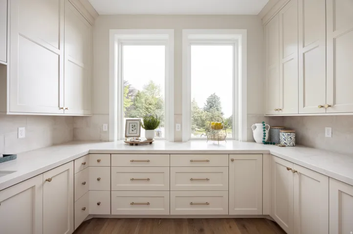 Kitchen featuring white shaker-style cabinetry, light-toned countertops, and a subway tile backsplash