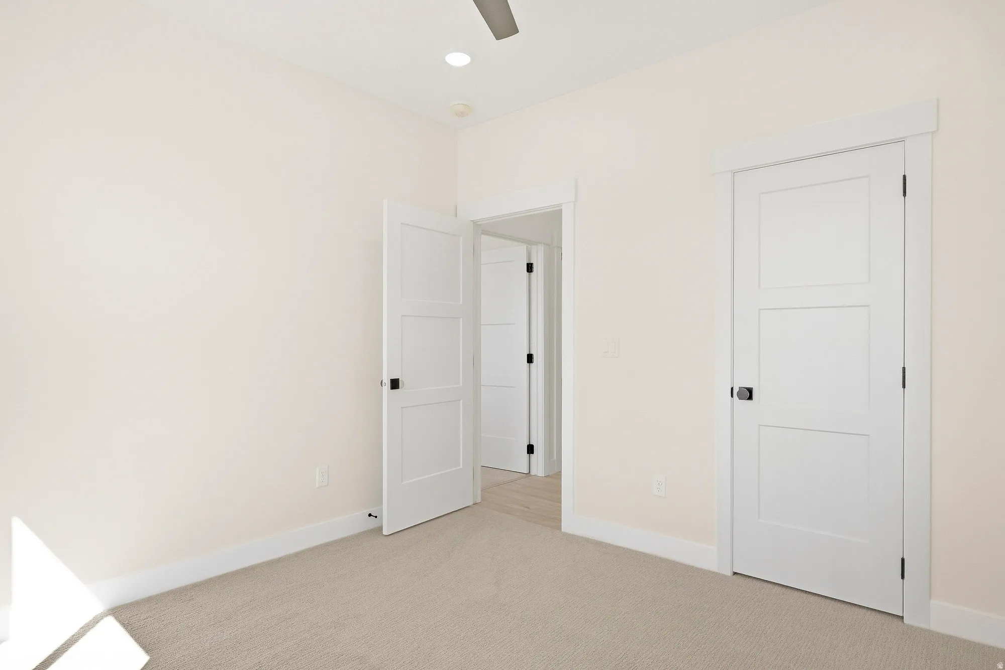 Recessed ceiling lighting, neutral carpet, white interior doors with flat panel design, contrasting door hardware, and trim molding