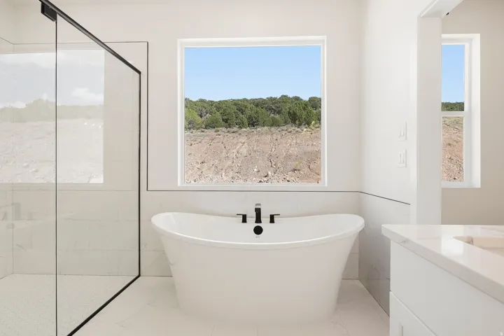 Freestanding soaking tub with black fixtures