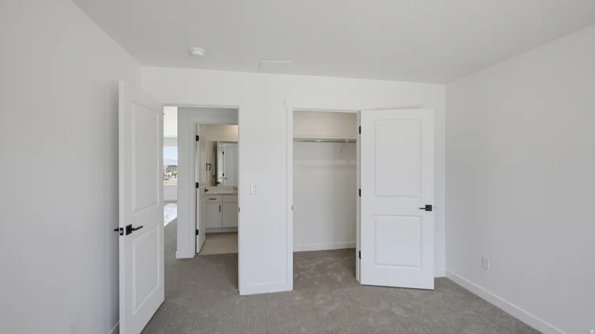 Carpeted room with white walls, two panel doors with black hardware, and a closet with a built-in rod
