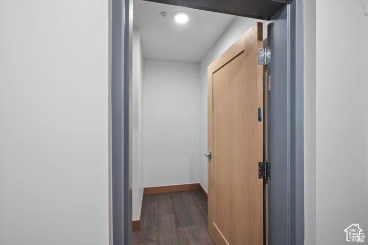 Modern interior door with dark hardware, set within a gray trim entryway