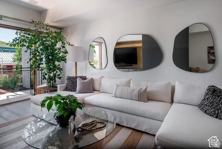 Living area featuring a spacious sectional sofa and wood-finish flooring