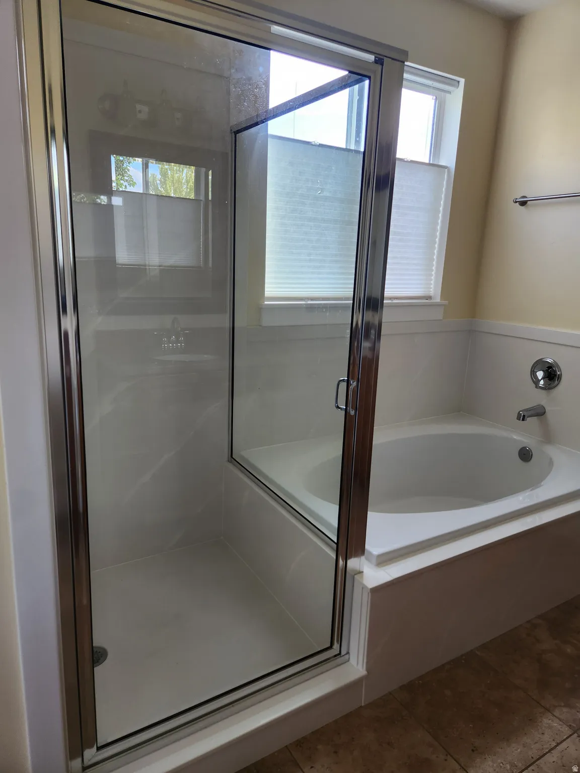 In suite main floor glass-enclosed shower with a white base, alongside a built-in soaking tub with chrome fixtures.  Extended vanity with two sinks.  There is an adjacent walk-in closet with a window.