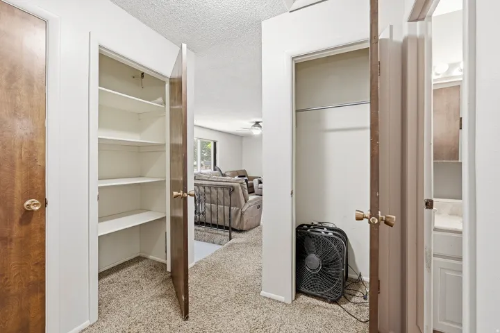 Hallway featuring wood-finish doors, built-in shelving, and carpeted flooring