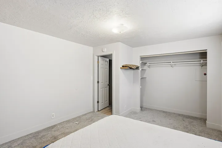 Room featuring light gray carpeting, crisp white walls, and a recessed ceiling light fixture