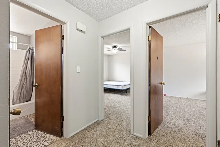 Interior hallway with light gray walls and textured carpeting
