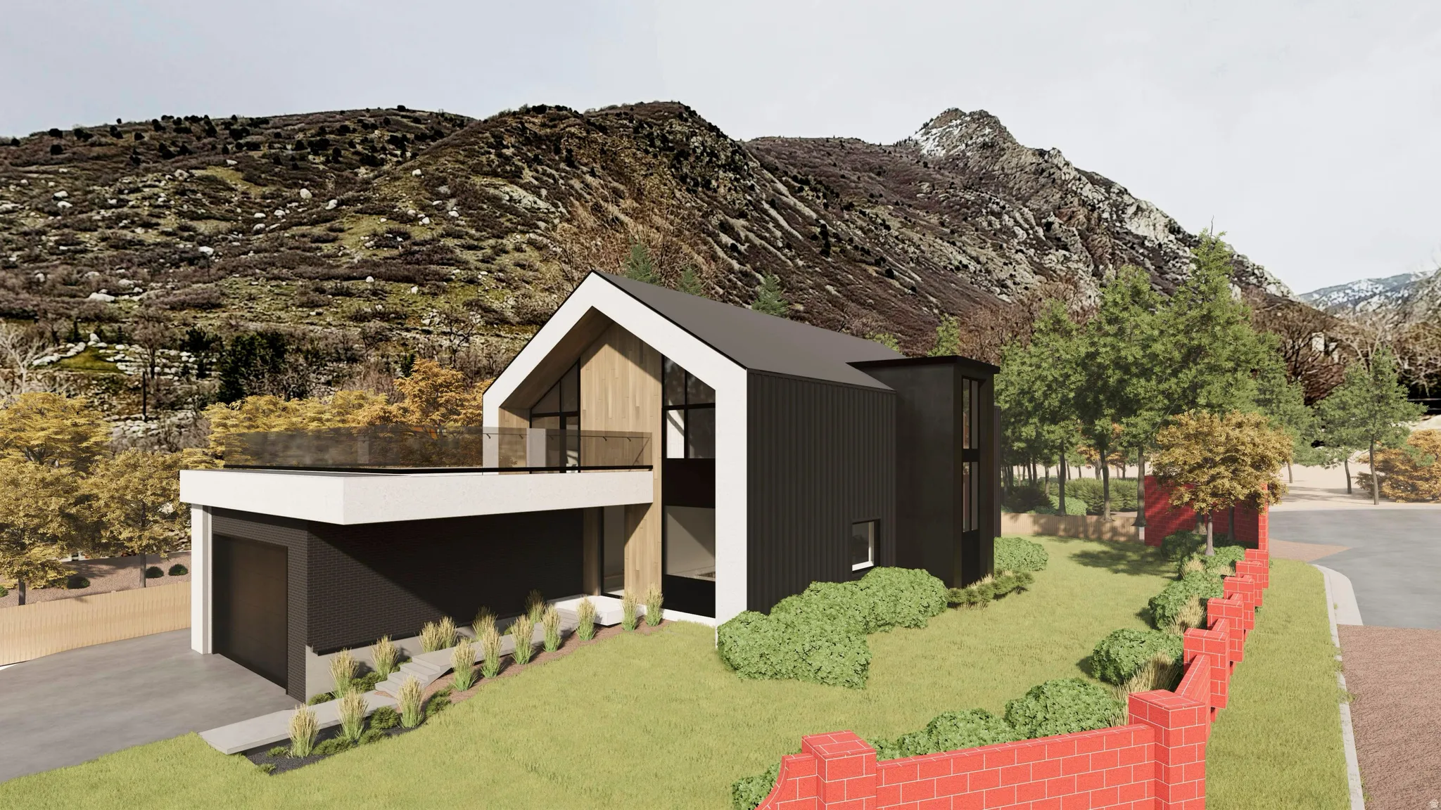 Modern architectural residence featuring a prominent gabled roofline and contrasting dark siding
