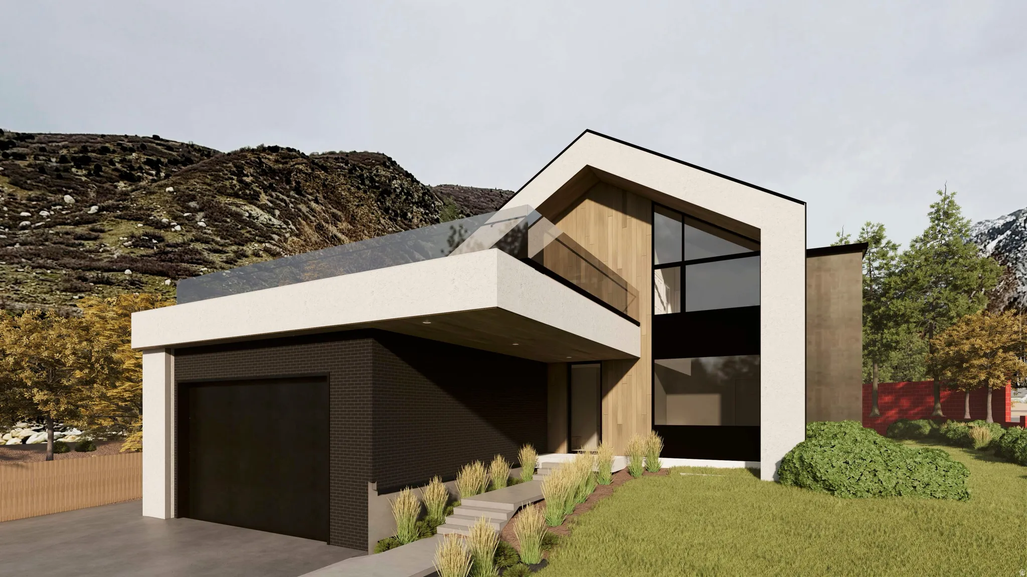 Contemporary architectural design featuring a prominent angular roofline
