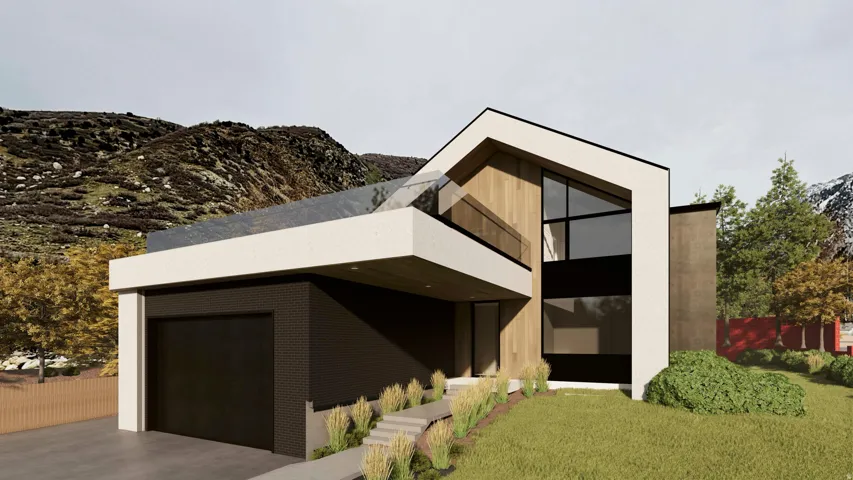 Contemporary architectural design featuring a prominent angular roofline