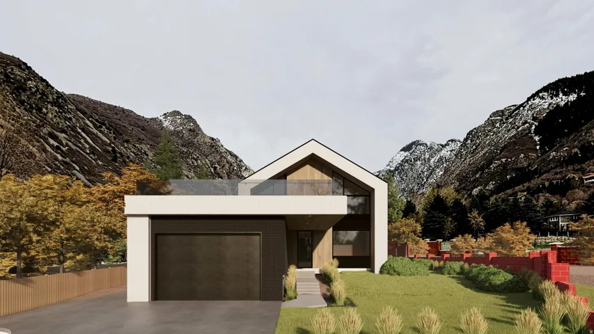 Contemporary residence featuring a striking A-frame architectural element and a flat roofline