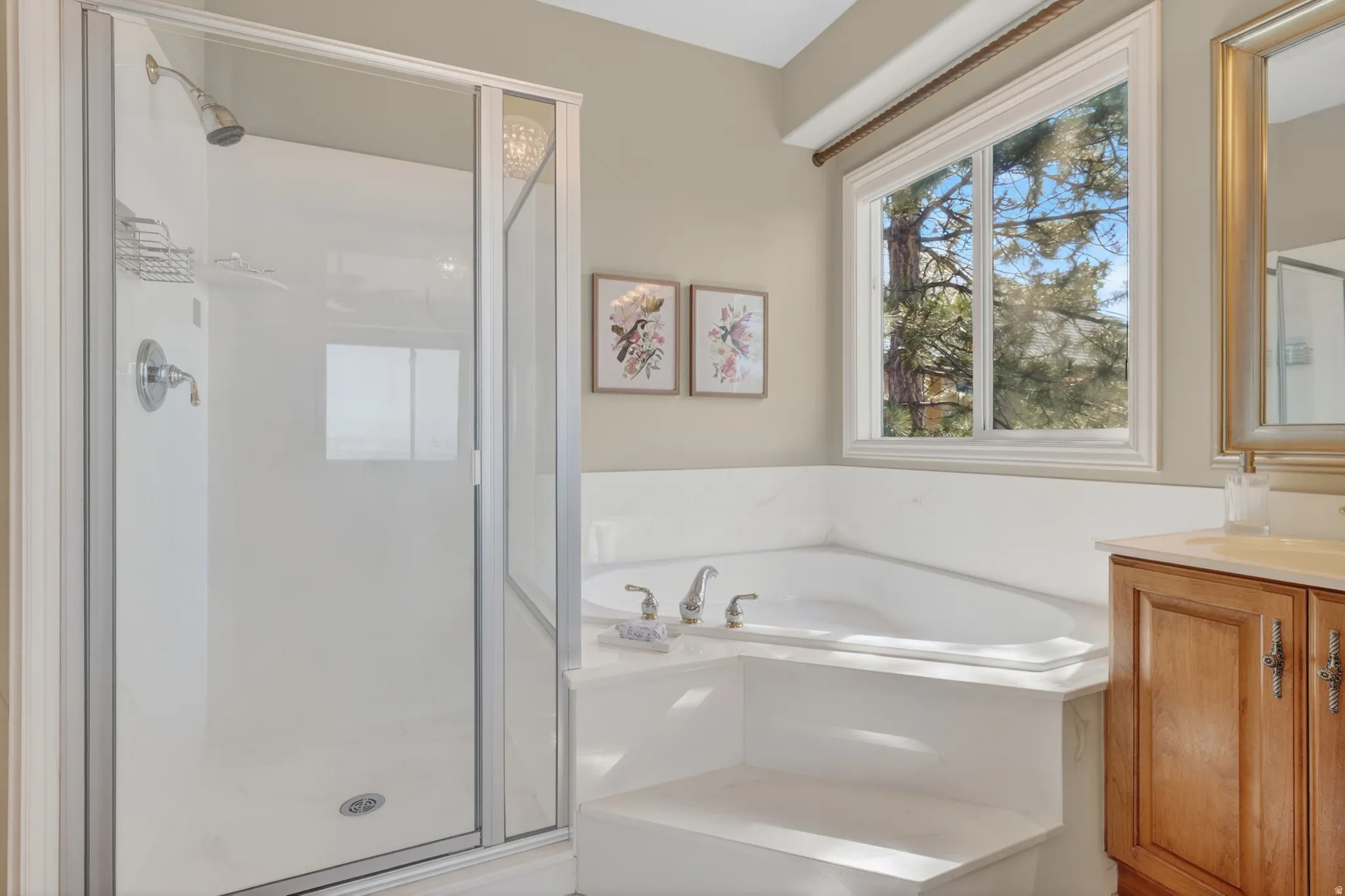 Corner soaking tub with white surround, separate glass-enclosed shower, wood-finish vanity with countertop, and large framed window