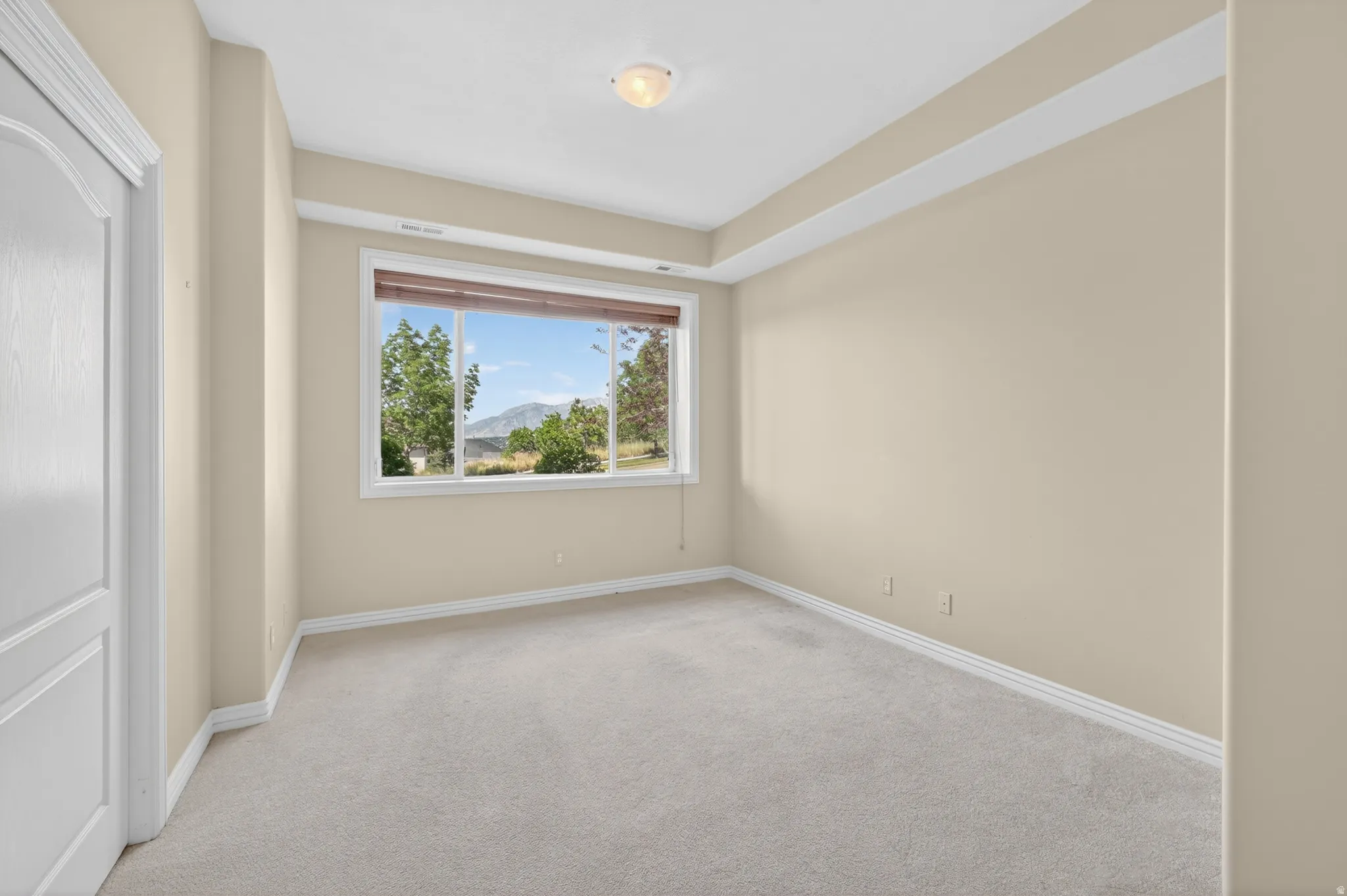 Large basement bedroom with above ground windows with mountain views