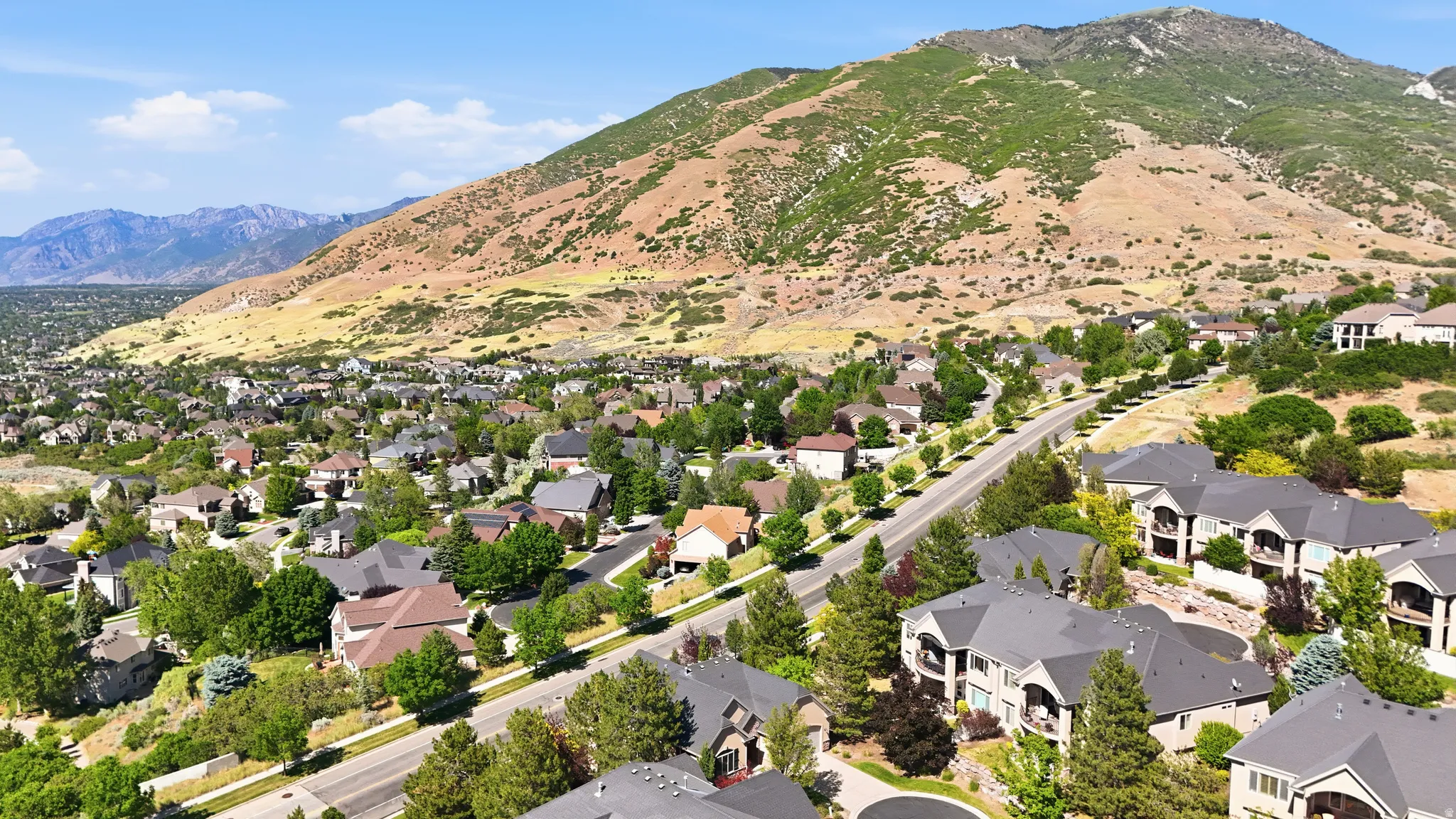 Residential neighborhood set against a mountainous backdrop